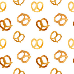 Watercolor pretzels isolated on white background. Scarless pattern. Traditional German salted cookies. Hand-drawn Oktoberfest snacks