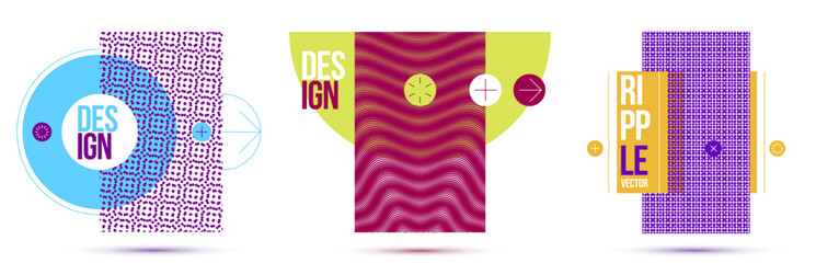 Moire op art vector design elements, graphic style posters and banners and brochures set, abstract modern art with distorted grid.