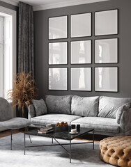 Mockup poster frame in modern interior, grey room with brown decoration, 3d render
