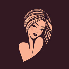 Woman face.Hair studio, beauty salon, makeup illustration.Fashion, cosmetics, spa icon isolated on dark background.Young lady portrait.Beautiful hairstyle model.Luxury,glamour logo.