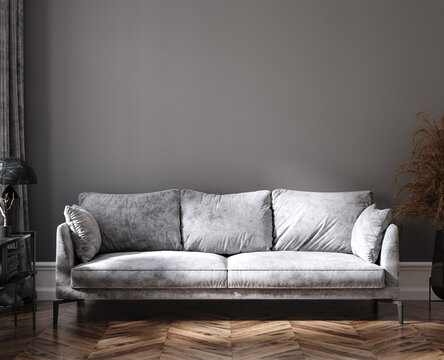 Home mockup, grey room with sofa and brown decoration, 3d render