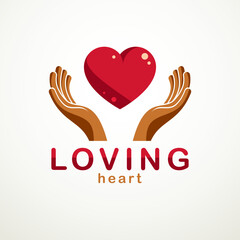 Loving Heart simple vector logo or icon created with red glossy heart sign and care protecting hands.