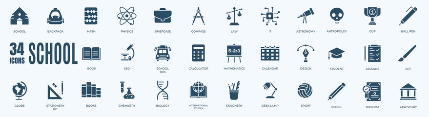 School solid icon set. Vector graphic glyph style pictogram package isolated on white background