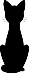 Isolated black silhouette of sitting cat on white background. Flat cartoon sitting cat, front view.