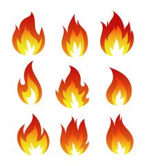 vector cartoon illustration flame fire, bright fireball, heat wildfire and red hot bonfire, campfire,