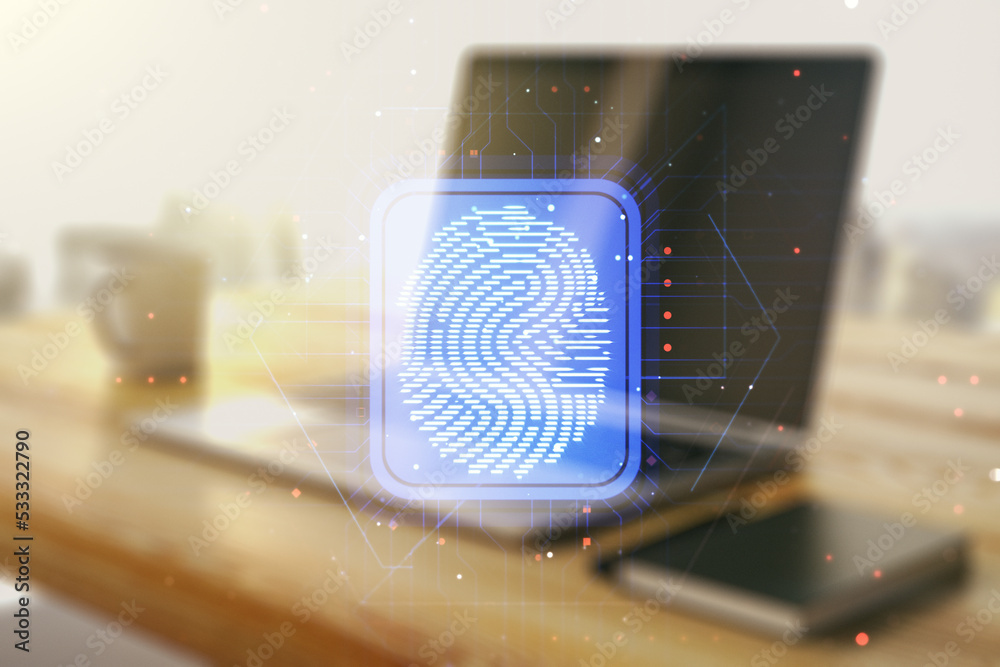 Leinwandbilder multi exposure of abstract fingerprint scan interface and modern desk with computer on background, d