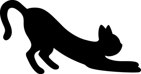 Isolated black silhouette of stretching cat on white background. Flat cartoon cat pose.