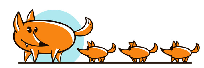Funny cartoon mother fox with kids fox flat vector illustration isolated on white, wildlife animal humorous drawing.