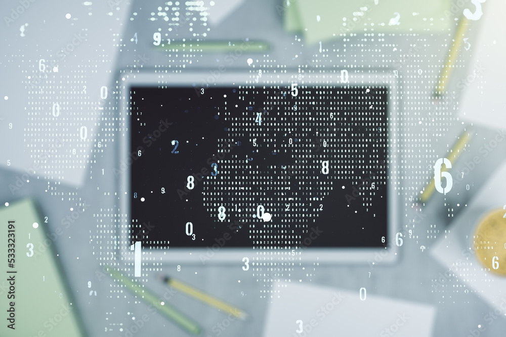 Fototapete abstract creative coding illustration with world map and modern digital tablet on desktop on backgro