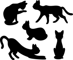 Set of silhouette of cats. Isolated black silhouette of running, sitting, washing, lying, playing cat on white background.