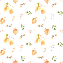 Watercolor seamless pattern of autumn leaves and flowers.