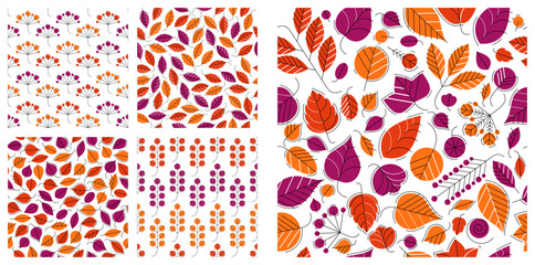 Stylish cartoon autumn leaves seamless vector pattern set, endless wallpaper or textile swatch with tree floral, red fall life theme image collection.