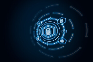 Digital lock icon interface with circle binary numders and shield.