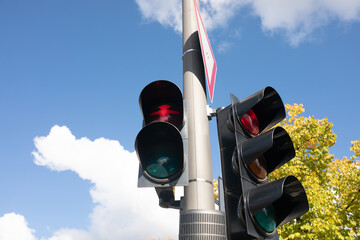 Red traffic light. A city crossing with a semaphore.