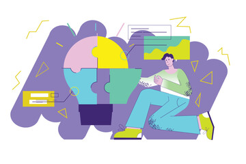 Violet concept Business idea with people scene in the flat cartoon design. Man implements his business idea in parts. Vector illustration.