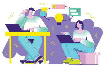 Business meeting violet concept with people scene in the flat cartoon design. Two business people met to work together on laptops and discuss important issues. Vector illustration.