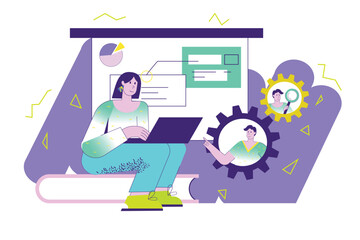 Work flow violet concept with people scene in the flat cartoon style. Manager works with his colleagues online. Vector illustration.