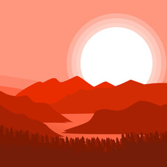 Nature vector background, landscape with mountains and sun. Panorama of mountains, wilderness, sands, valley on sunset or sunrise.