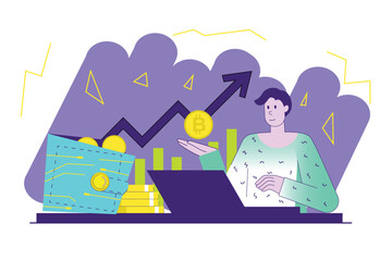 Crypto business violet concept with people scene in the flat cartoon style. Man deals with cryptocurrency and builds his business on it. Vector illustration.