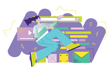 Violet concept Searching internet with people scene in the flat cartoon style. Girl is looking for everything she needs on the Internet. Vector illustration.