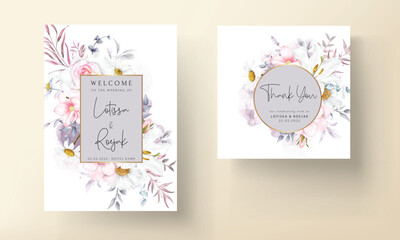 beautiful blooming flower and leaves watercolor wedding invitation card