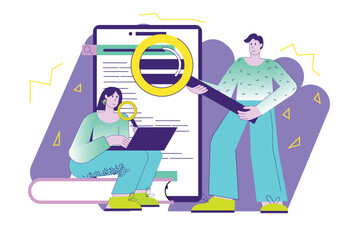 Searching opportunities with people scene in the flat cartoon design. Boy and girl are looking for opportunities on the Internet to implement their ideas. Vector illustration.