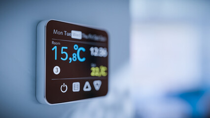 Room thermostat on wall - Low winter temperatures in homes caused by the energy crisis in Europe - obrazy, fototapety, plakaty