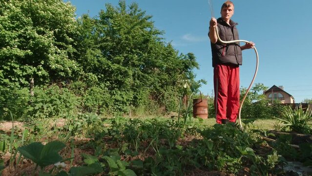 A man waters a garden with a hose water on camera