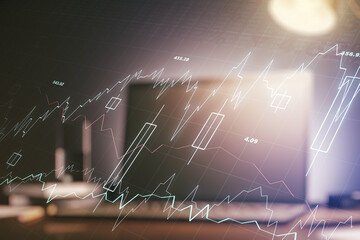 Abstract creative financial graph on modern laptop background, forex and investment concept. Multiexposure