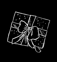 On a black background, a white gift box with a large bow