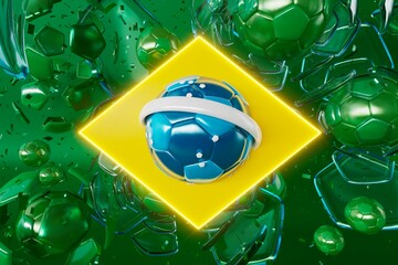 football balls object, sport ball design, football element Brazil color concept, 3d illustration, abstract football technology, smartphone mobile, green background, online sport live, Brazil flag