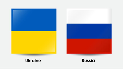 Flag Icons of Russia and Ukraine. Square design with shadow on gray background