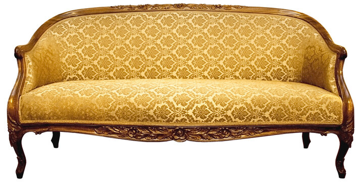 Classic antique sofa with decorative damask pattern fabric isolated
