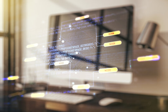 Abstract creative coding concept on modern laptop background. Multiexposure