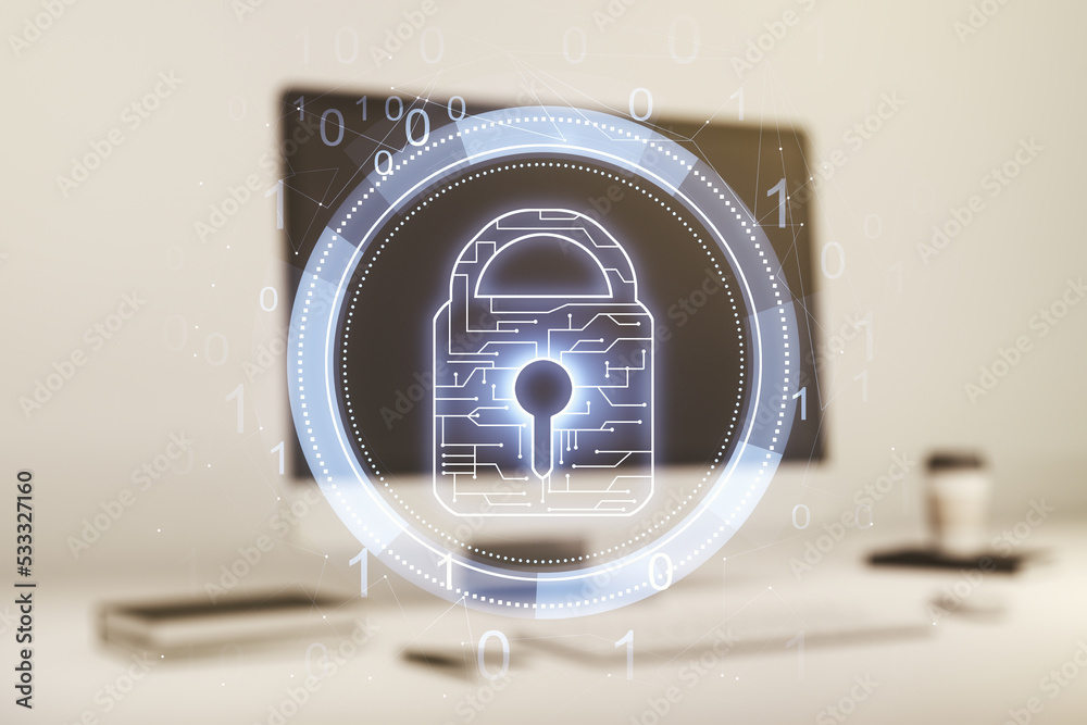 Poster Creative light lock illustration with microcircuit on modern computer background, cyber security concept. Multiexposure