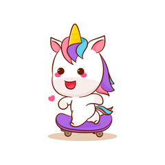 Cute magical pegasus unicorn cartoon playing skateboard vector. Pony cartoon kawaii animal. Isolated on a white background. 