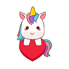 Cute magical pegasus unicorn cartoon with love heart vector. Pony cartoon kawaii animal. Isolated on a white background. 