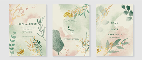 Luxury botanical wedding invitation card template. Green watercolor card with leaf branch, eucalyptus, foliage, gold line art. Elegant blossom vector design suitable for banner, cover, invitation.