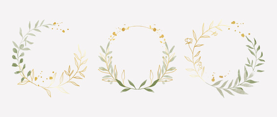 Luxury botanical gold wedding frame elements on white background. Set of circle shapes, glitters, eucalyptus leaves, flowers. Elegant foliage design for wedding, card, invitation, greeting. 