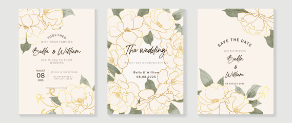 Luxury floral wedding invitation card template. watercolor card with leaf branch, flowers, white roses, gold line art. Elegant blossom rose vector design suitable for banner, cover, invitation.