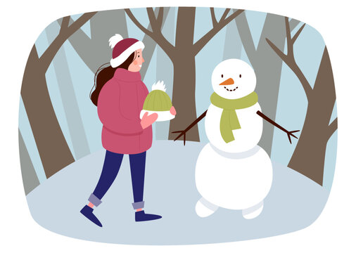 The girl makes a snowman in the park. A woman puts a hat on a snowman. Winter fun. Vector flat illustration.