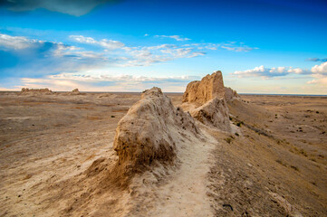 Ruins of the ancient city of Sauran. Historical place of Kazakhstan. Excavations of ancient cities, medieval buildings.