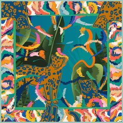 Obraz premium Modern ethnic style scarf design. Creative contemporary collage with leopard and tropical plants. Fashionable template for design.