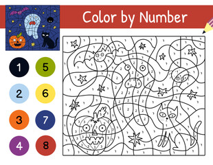Cute ghost, cat and pumpkin color by number game for kids. Coloring page with cute Halloween characters. Printable worksheet with solution for school and preschool. Vector illustration