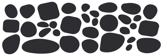 Organic blob shape with irregular form abstract vector illustration. Random oval pebble, asymmetric stone, round amoeba blot. Set of simple graphic geometric stained. Black bubble blotch background