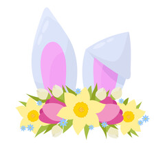 Bunny ears with flower wreath. Spring print. Hare ears in flat style.