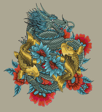 Japanese Koi Dragon Illustration Vector Design