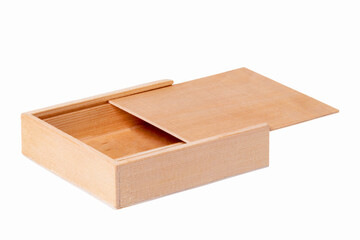 Wooden boxes. Close-up of a opened plywood box isolated on a white background. Clipping path. Macro.