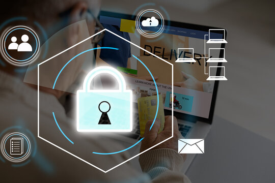 Technology concept with cyber security internet and networking, laptop, screen padlock icon on digital display. flag of Ukraine - Powered by Adobe