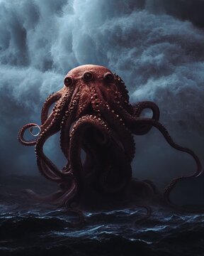 Kraken, scary giant squid octopus with dark eyes, sea giant, ocean, boat killer, mythical ocean creature. Photo realistic, concept art, cinematic light, background, wallpaper, illustration